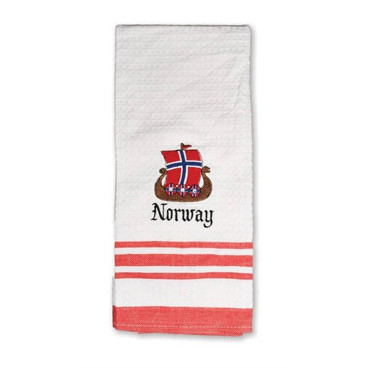 White Kitchen Towel with Embroidered Viking Ship