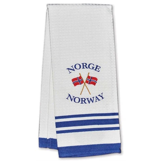 White Kitchen Towel with Embroidered Norwegian Flag