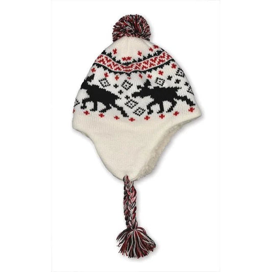 Cable-Knit Beanie with White Moose